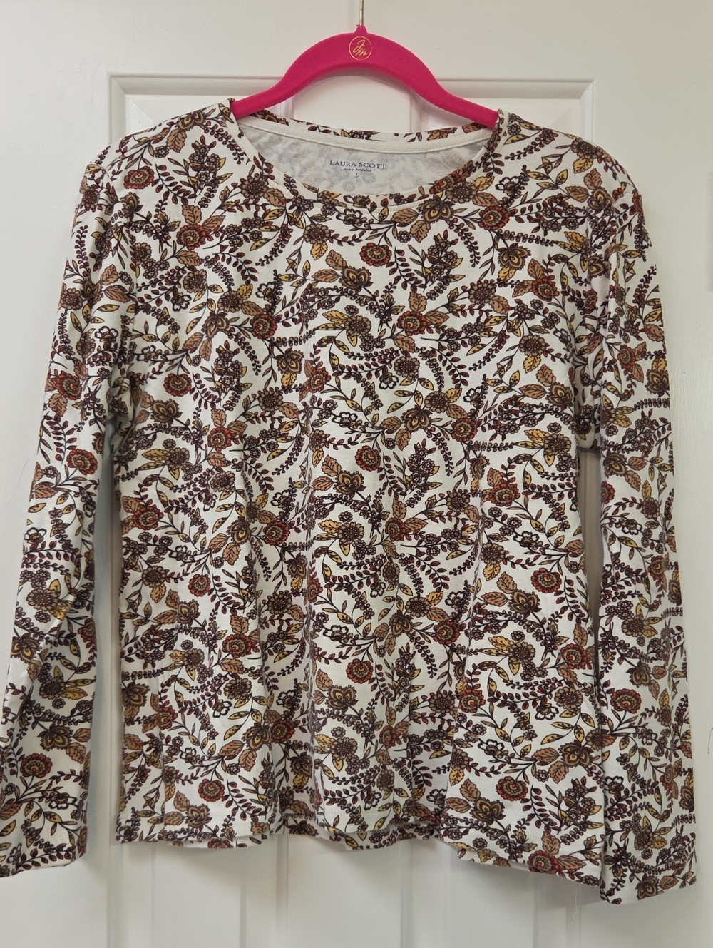 Laura Scott Cream Long-Sleeve Floral Vine Top